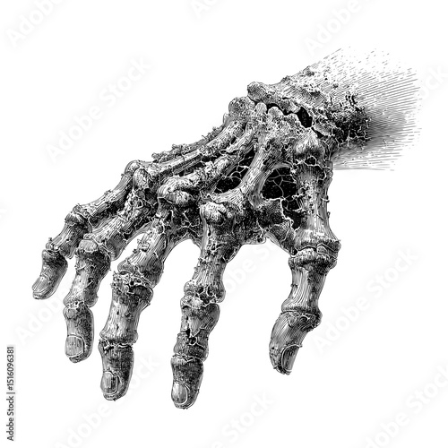 A human hand is depicted in a detailed engraved illustration, complete with elaborate line work and subtle shading techniques