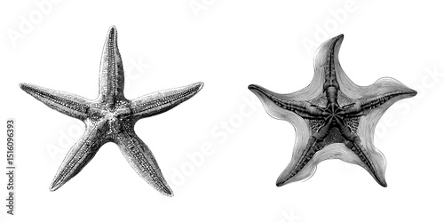 A sketch of a starfish in black and white set against a white background, symbolizing the marine world