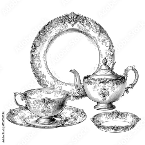 Modern drawing featuring a silver tea set rendered in monochrome ink with an engraving style illustration