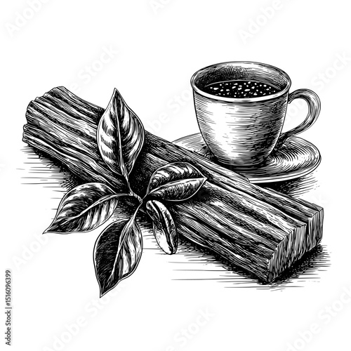 An artistic illustration is engraved, depicting a log, a cup, and leaves that are positioned on a surface with intricate details