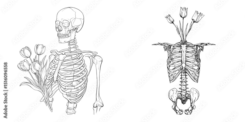Detailed black and white outline line art drawing of a full body skeleton from top view with overgrowth tulip flowers