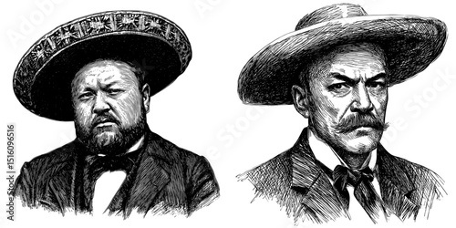 A serious-looking man is shown wearing a traditional sombrero, paired with a formal suit and bow tie, conveying cultural elegance and heritage through a modern, Stock sketch engraving, illustrated in