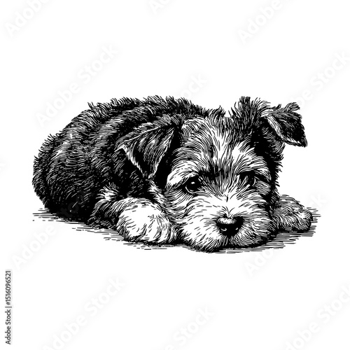 An old sketch shows a carefree puppy resting on a simple white background