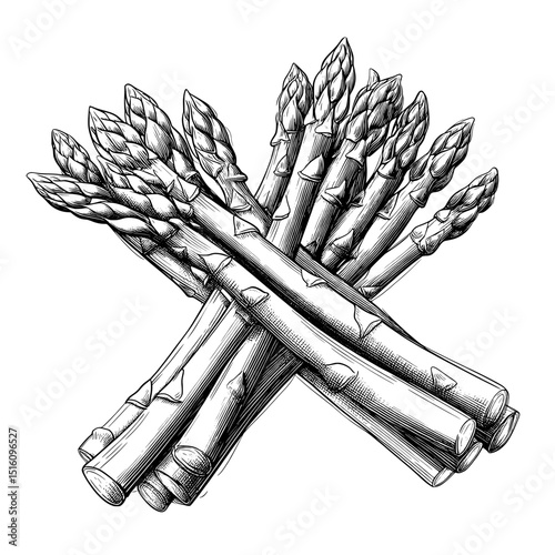 The image of asparagus is presented as a black and white outline sketch engraving, mimicking scratch board techniques in a vintage line art style against a white background