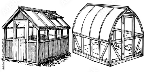 The design features a monochrome illustration of a vintage greenhouse sketch