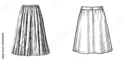 A black and white monochrome engraving style sketch of a skirt, drawn with modern pencil and ink