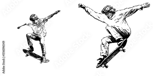 Modern illustration of a skateboard in black and white, created in an engraving style with ink sketch drawing