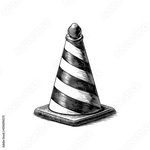 Black and white engraving of a traffic cone, presented in an outline style with a scratch board imitation