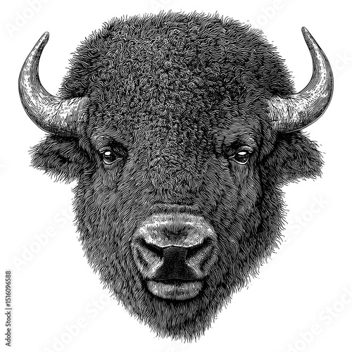 Black and white outline sketch engraving of a bison portrait, created in a vintage line art style and imitating scratch board, is set on a white background