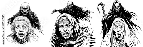 Elderly ladies are terrified of a black and white line art drawing ink sketch depicting nature and landscape in a modern hand-drawn illustration background, with their eyes wide with fear embodying