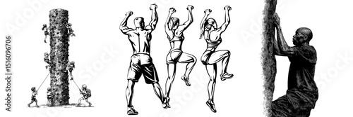 Determined athletes conquer an indoor rock wall with strength and focus in a black modern engraving sketch ink poster featuring a black illustration in etching style suitable for a tattoo