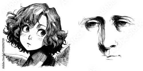 A black and white outline sketch engraving of 'Bored Angel' is presented in an imitation scratch board style