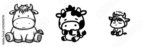 Black and white outline line art drawing of a cute chibi kawaii cow sitting down with a smiling face