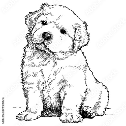 The modern cartoon features a cute golden retriever puppy in kawaii chibi style, presented as a black and white outline line art drawing