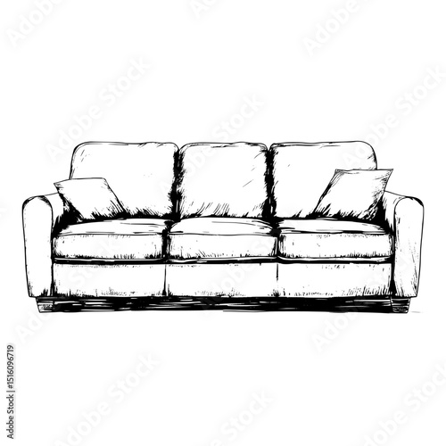 A sofa is illustrated in a modern monochrome ink sketch that resembles an engraving style drawing