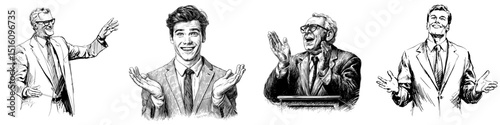A monochrome illustration of a businessman showcasing public speaking skills with enthusiasm, featuring a presentation and copy space