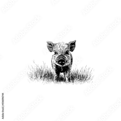 A piglet standing in grass is the subject of a charming monochrome sketch that showcases farm life, complete with copy space for added context