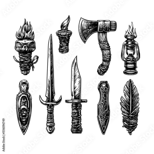A collection of ancient labor tools and equipment in a modern black style, featuring an ink poster with a black illustration and etching style reminiscent of tattoos, along with colorful logo