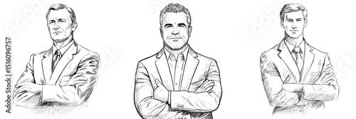 A monochrome illustration of a businessman wearing a suit with his arms crossed, conveying confidence and professionalism, includes copy space