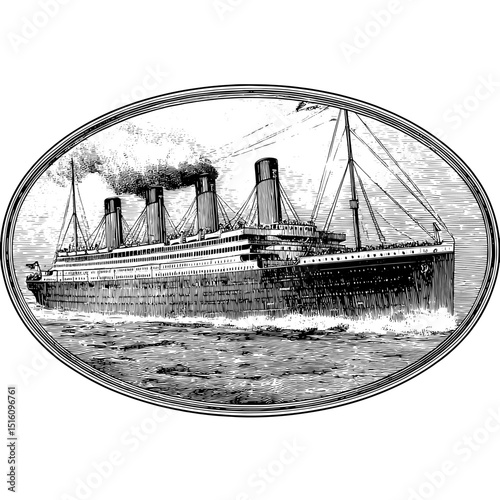 Black and white steamer illustration, drawn in ink using a modern style reminiscent of traditional engravings
