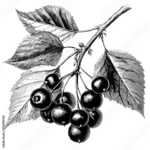 The design features a modern monochrome branch of grape vine in a black illustration etching style tattoo, with a clean and intricate engraving sketch ink poster, color blobs logo, and Floral Drawn