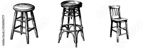 Modern drawing featuring a stool in monochrome ink sketch style with an engraving illustration