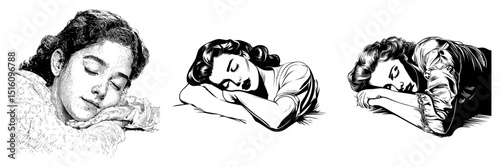 A serene and refined young woman is depicted in a black and white line art drawing of a sleeping girl created with ink and sketching techniques to illustrate a modern hand-drawn nap scene set against