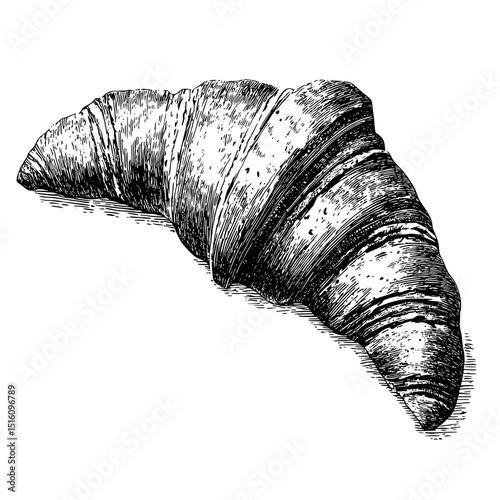 A hand-drawn croissant in monochrome is shown with detailed texture in a vintage sketch style
