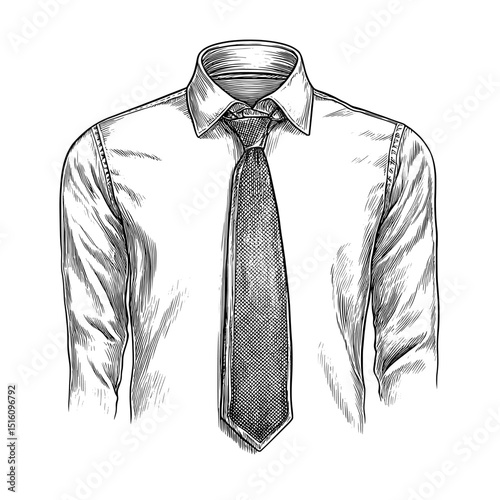 A collared shirt and tie are rendered in a stylish sketch, perfect for incorporation into business and fashion themes, with an emphasis on elegant details achieved through clean lines and shading