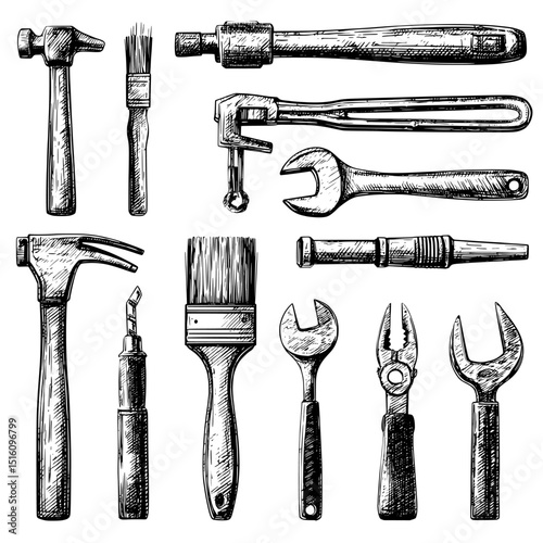 A modern set of construction repair tools is depicted in a natural setting with plants, presented in a black ink poster style with an etching illustration and tattoo elements, accompanied by a color