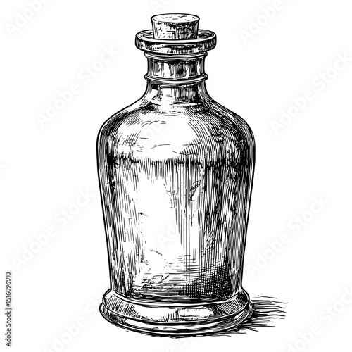 A syrup bottle depicted in a modern black and white pencil ink sketch with a monochrome engraving style