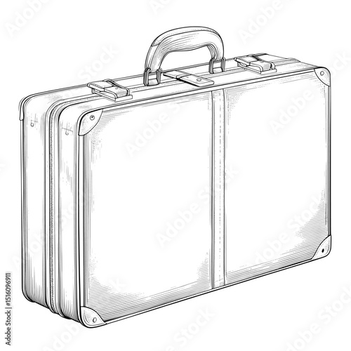 Monochrome ink sketch style is used in this modern drawing to create an engraving style illustration of a suitcase