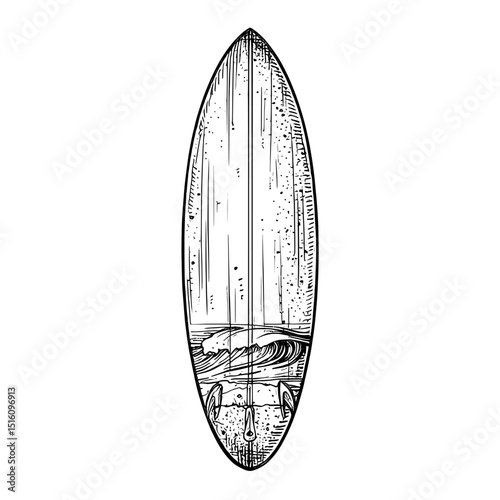 Monochrome ink sketch of a surfboard in modern drawing and engraving style illustration