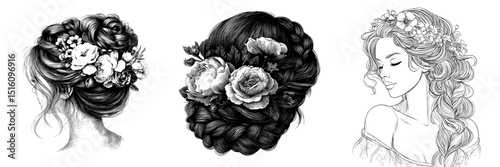 An intricately braided hairstyle adorned with flowers, rendered in a detailed engraving style, ideal for tattoos and packaging designs