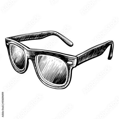A modern pencil ink sketch drawing of sunglasses is depicted in black and white, utilizing a monochrome engraving style