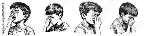 A black and white line art drawing of a crying child with his hands covering his face, depicted in a sad and modern hand-drawn illustration