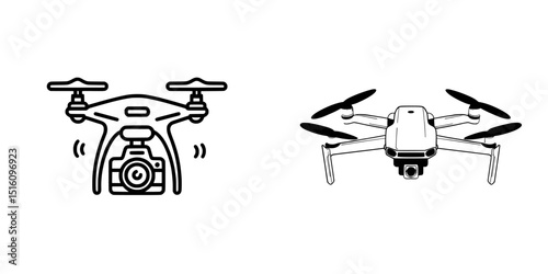 A simple line art drone icon featuring a camera on a white background