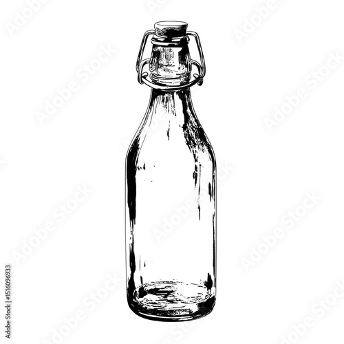 A syrup bottle depicted in a modern monochrome ink sketch with an engraving style illustration