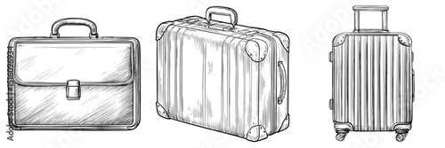 Modern pencil ink sketch drawing of a suitcase in black and white monochrome engraving style