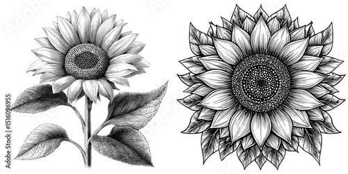 Modern drawing featuring a sunflower in monochrome ink, executed in an engraving style