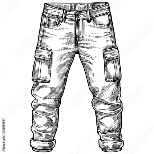 Denim pocket outline is illustrated in black and white sketch showing jeans detail stitching and fabric texture