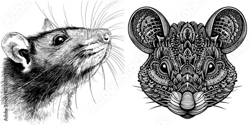 A highly detailed black and white illustration of a rat's head, suitable for tattoo art and design, is available