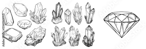 Modern linear style features a monochrome gemstone in the diamond jewel sketch icon set