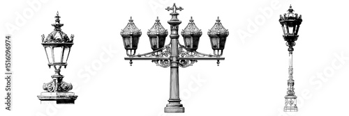 Ornate vintage street lamp designs and detailed lantern art in a modern linear icons set