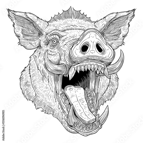 Monochrome animal art is showcased in a detailed illustration of a wild boar head, as part of a modern linear icons set