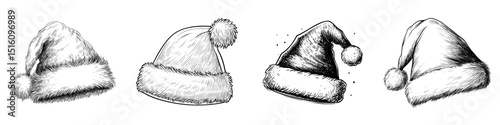 A modern set of linear icons featuring a Santa hat with fur trim, isolated on a white background, depicted in black and white