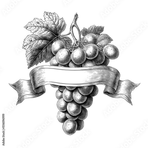 In a modern take on the traditional harvest label, a set of grapes is illustrated in a style that blends engraving sketch, ink poster, and black illustration etching, with clean lines characteristic