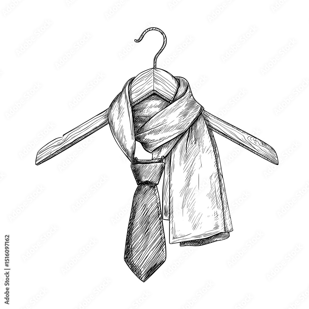 A modern retro illustration is presented, showcasing hand-drawn art of a wooden coat hanger draped with cloth