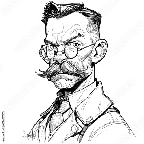 A detailed black and white sketch shows a man with glasses and a mustache