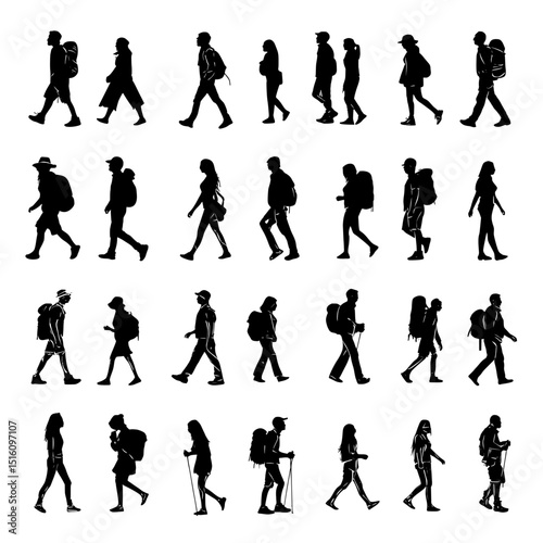 Modern art illustration featuring hiking people in black silhouette set against a white background
